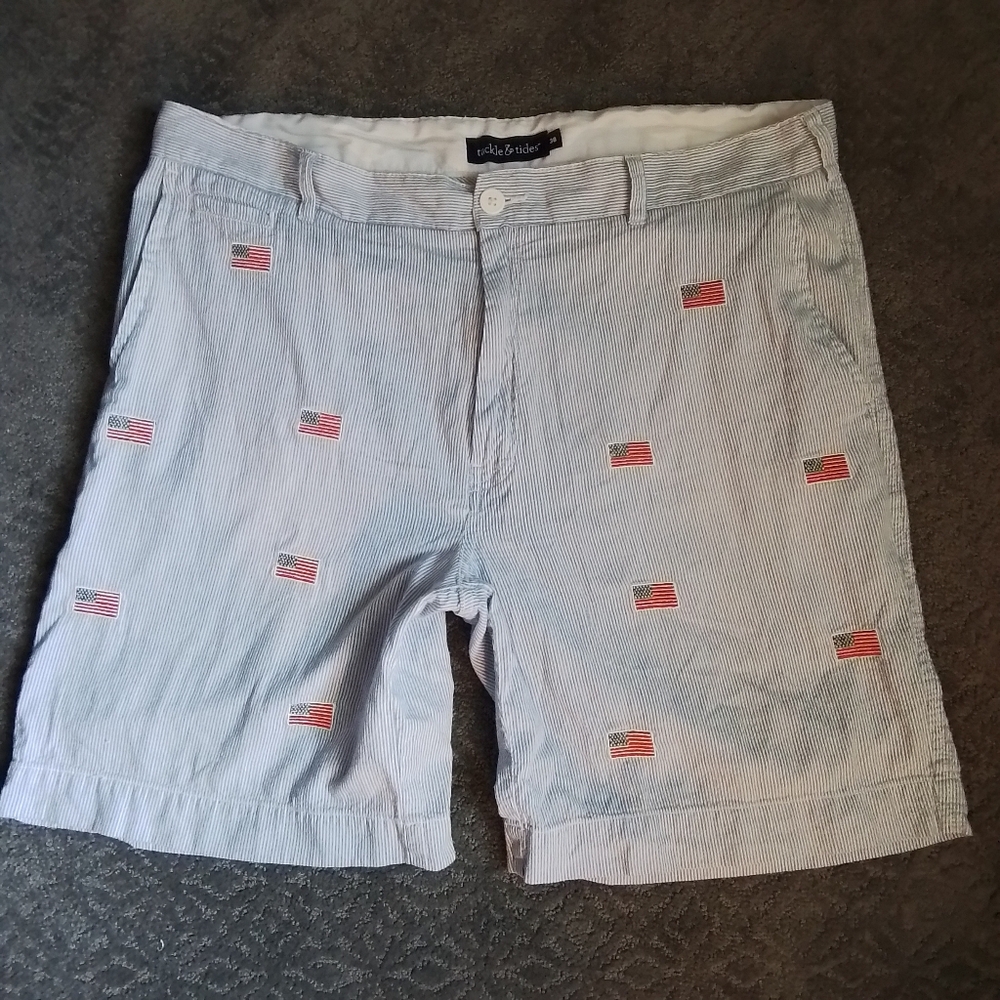 Tackle & Tides Pinstripe Embroidered American Flag Cotton Shorts - 38